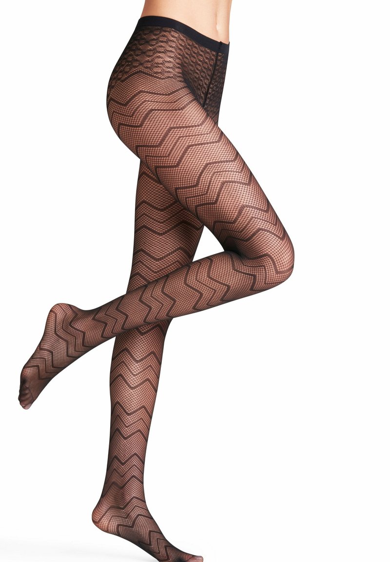 Collant in rete nera con motivo a zigzag, texture trasparente e vita elasticizzata, progettati per aderire perfettamente alla gamba.
