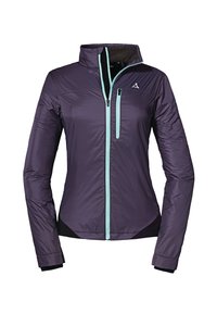 Chaqueta aislante morada con un cuello alto, detalles en negro y cremallera turquesa. Presenta mangas largas y un diseño ajustado.