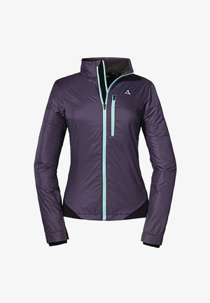 Purple insulated jacket with a high collar, black accents, and turquoise zipper. Features long sleeves and a fitted design.
