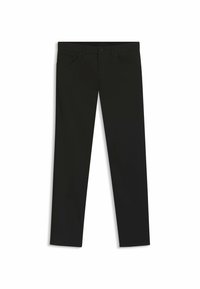 Black straight-leg pants made of cotton-blend fabric. Features five pockets, a button-fly closure, and minimal stitching detail.