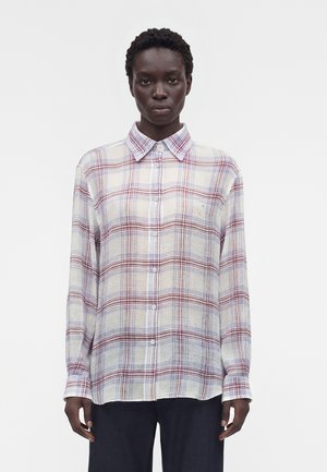 Άτομο που φοράει πουκάμισο με μακριά μανίκια και κόκκινο, λευκό και ανοιχτό μπλε καρό μοτίβο, στέκεται μπροστά σε λευκό φόντο.