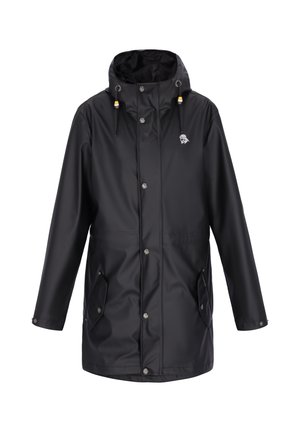 Černý nepromokavý plášť s kapucí, zapínáním na knoflíky vpředu, stahovacími šňůrkami se žlutými akcenty a dvěma předními kapsami s klopami.