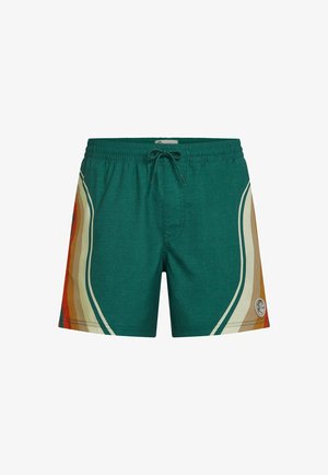 Rohelised ujumispüksid tekstuurse viimistlusega, millel on mitmevärvilised lainelised aktsendid oranži, beeži ja sügavsinise toonides ning elastse nööriga vöökoht.