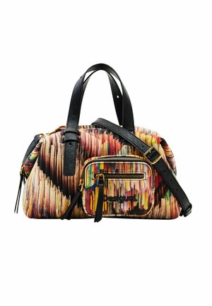 Kleine Handtasche mit buntem abstraktem Muster, schwarzen Ledergriffen, abnehmbarem Schulterriemen und Fronttasche mit Reißverschluss und goldfarbenen Reißverschlüssen.