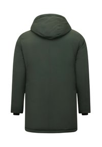 Donkergroene, gewatteerde jas met capuchon, lange mouwen, recht model, met zwarte manchetten en een gladde, matte textuur.