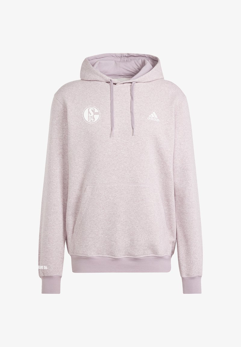 Felpa viola chiaro in tessuto morbido, con tasca frontale, cappuccio e loghi bianchi sul petto e sulla manica. Vestibilità classica con polsini a coste.