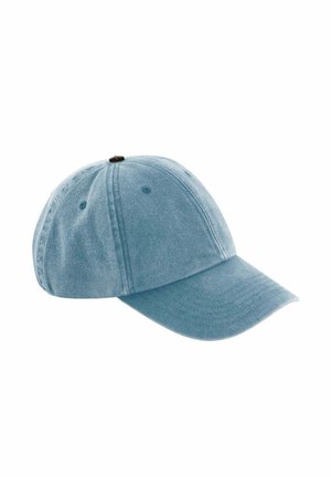 Light blue cotton baseball cap with curved brim and stitched panel design on a white background.