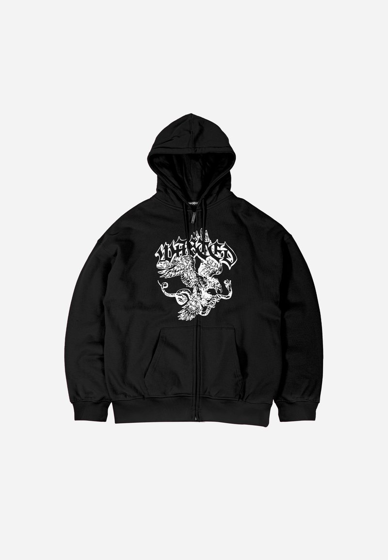 Sweat à capuche noir zippé avec un motif blanc représentant un aigle ailé serrant un serpent, accompagné d'un texte stylisé au-dessus du motif sur la poitrine.