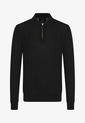 Black knitted long-sleeve polo shirt with a zip neck. Features a ribbed texture and solid black cuffs and hem.