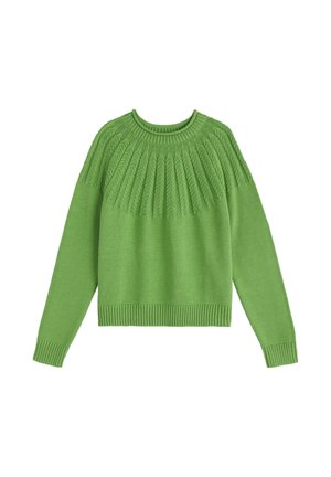 Zelený pletený sveter s vrkočovým vzorom cez náprsenku, dlhými rukávmi, rebrovanými manžetami, výstrihom a lemom.