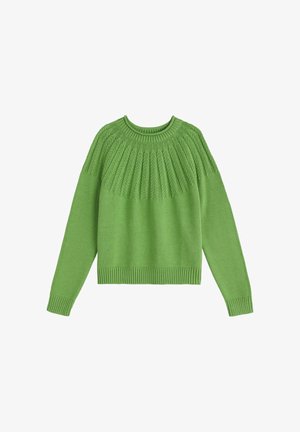 Zeleni pleteni pulover s vzorcem kitke čez ramen, dolgimi rokavi, rebrastimi manšetami, izrezom in spodnjim robom.