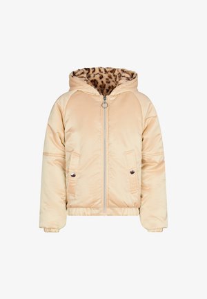 Beżowa kurtka ocieplana z kapturem, z podszewką w panterkę, z zamkiem błyskawicznym z przodu oraz dwoma kieszeniami bocznymi z guzikami.