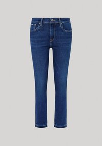 Sötétkék farmernadrág, slim fit szabással, közepes derékkal, öt zsebből álló kivitelben és finom varrási részletekkel az érteken.