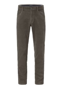 Braune, schmal geschnittene Cordhosen mit Fronttaschen, Gürtelschlaufen, Knopfverschluss und leicht zulaufenden Beinen.