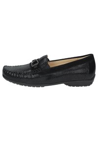 Schwarze Loafers mit strukturiertem Mesh-Design, dekorativem Schnallenakzent, gesteppten Details und einer Gummisohle für besseren Halt.