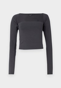 Long-sleeve, cropped top in dark gray fabric with a smooth texture. Features a square neckline and fitted design.