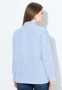 Camicia a quadri blu e bianchi con colletto alto, maniche a sbuffo lunghe e orlo dritto. Il tessuto sembra leggero e liscio.