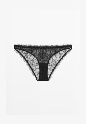 Zwarte kanten string met bloemenpatroon, met doorzichtige mesh zijkanten en een middelste stuk van solide stof. Randen zijn afgewerkt met decoratieve kant.