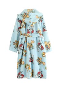 Blue fleece bathrobe featuring a repeated cartoon dog pattern, with a hood, belt, and short sleeves. Soft texture and playful designs.