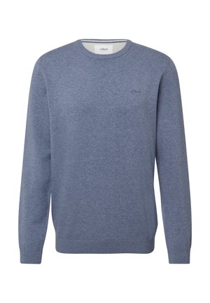 Pull encolure ronde bleu avec manches longues, bords-côtes aux poignets et à l'ourlet, en coton, présentant une subtile broderie de la marque sur la poitrine.