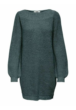 Robe tunique en tricot vert foncé, avec un motif structuré et texturé, un col rond, et de longues manches légèrement bouffantes.