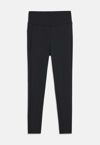 Fekete leggings széles derékpánttal, puha tapintással, oldalsó zsebekkel és karcsú dizájnnal; rugalmas, nedvességelvezető anyagból készültek.