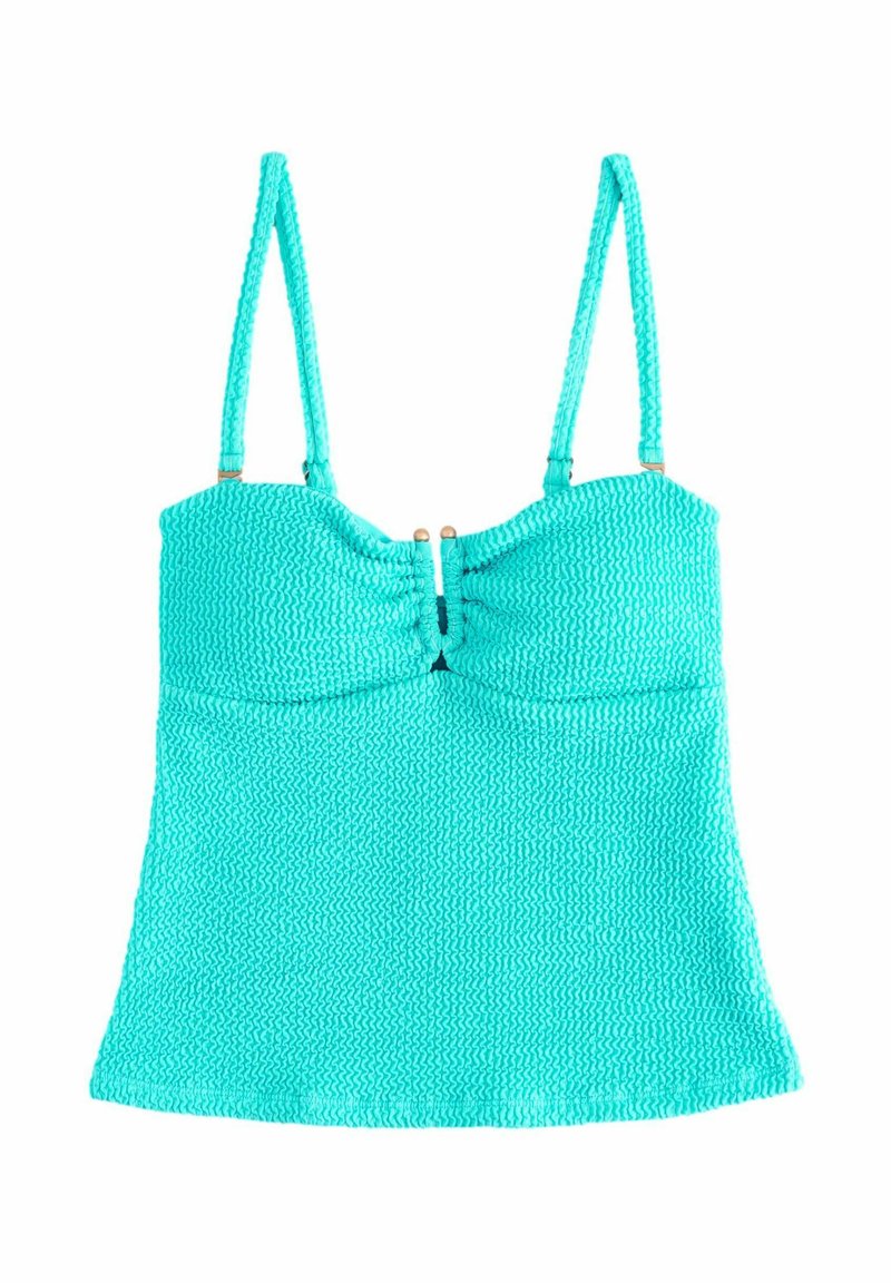 Turkoise bikini top van textiel met een gestructureerd materiaal, verstelbare bandjes en een centrale sluiting. Bevat geplooide secties voor een interessant ontwerp.
