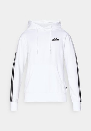 Hvid hoodie med front kangaroo lomme, sort broderet logo og sorte tre-stribe detaljer på ærmerne. Blødt bomuldsblandingsstof.