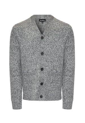 Cardigan gris de punto con escote en V, botones en la parte delantera y dos bolsillos de parche, que presenta un patrón texturizado y puños de canalé.