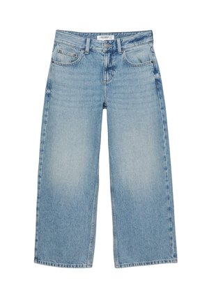 Světle modré džínové kalhoty s širokými nohavicemi, pěti kapsami, poutky na opasek a zapínáním na knoflík a zip vepředu.