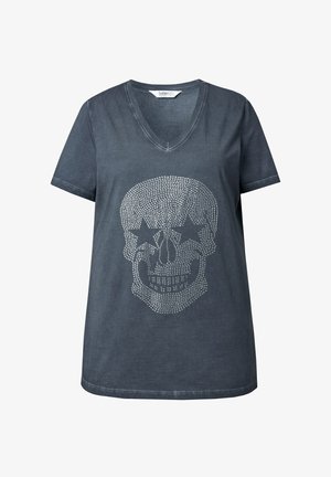 Donkergrijs T-shirt met korte mouwen en V-hals, met een zilveren strass schedelontwerp met steraccenten op de ogen van de schedel. Gemaakt van een katoenmix.