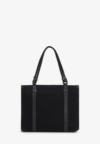 Borsa tote nera realizzata in tessuto con accenti in pelle. Forma rettangolare, doppie spalline, superficie liscia e dettagli di cucitura sottili.