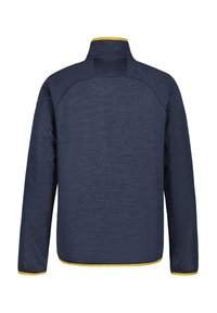 Mørkeblå letvægtsjakke med tekstureret finish, falsk krave og gul trim ved krave og kant. Har raglanærmer og perforeret design.