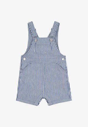 Salopette en jean rayée bleu et blanc, avec bretelles ajustables, poche avant et deux poches latérales. Longueur courte avec une coupe ample.