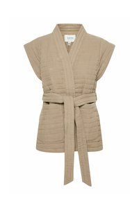 Kimono beige matelassé avec des manches courtes, ceinture à nouer et une finition texturée. Sans poches ; le tissu semble doux et léger.