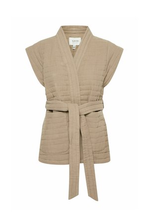 Beige geborduurde kimono-stijl wikkel met korte mouwen, strik taille en een gestructureerde afwerking. Geen zakken; stof lijkt zacht en lichtgewicht te zijn.