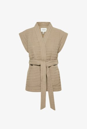 Beežist quiltitud kimonos stiilis püüdsiga, lühikeste varrukatega, vööga, millel on reljeefne viimistlus. Ilma taskuteta; kangas tundub pehme ja kergena.