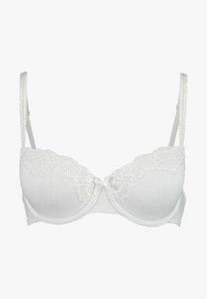 White underwire bra with lace detailing on the cups, adjustable straps, smooth fabric, and a small bow accent at the center.