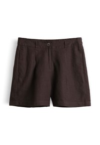 Dark brown casual shorts with belt loops, a front button, and zip closure, made from textured fabric.