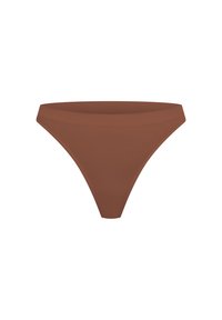 Bruine slip bikini onderkant met een gladde textuur, minimalistisch ontwerp en hoge beenopeningen. Heeft een brede tailleband zonder details.