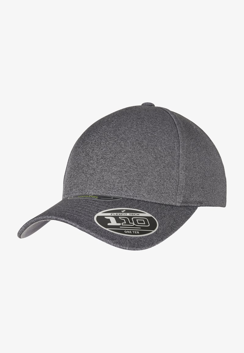 Gray fitted cap with a smooth texture, a curved visor, and a logo sticker displaying "Flexfit Tech 110." Simple and streamlined design.