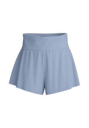 Lichtblauwe, dames short met hoge taille, brede tailleband en wijd uitlopende pijpen, weergegeven tegen een witte achtergrond.