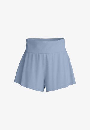 Lichtblauwe, dames short met hoge taille, brede tailleband en wijd uitlopende pijpen, weergegeven tegen een witte achtergrond.
