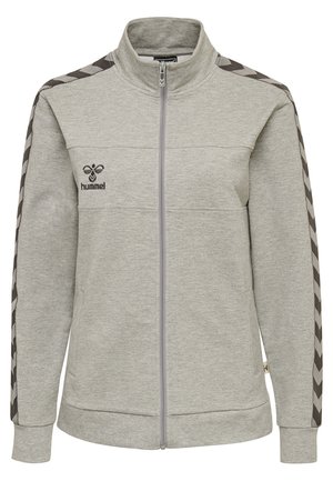 Graue Sportjacke mit Reißverschluss und hohem Kragen, strukturiertem Material und schwarzen Chevron-Akzenten an den Ärmeln. Logo auf der linken Brust.
