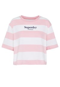 Krátký rukáv, zkrácený tričko v růžovo-bílých pruzích, s kulatým výstřihem a vyšitým logem "Superdry" v námořnické modré.