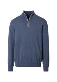 Granatowy sweter z półzamkiem i długim rękawem. Posiada gładką teksturę oraz ściągacze na rękawach i u dołu.