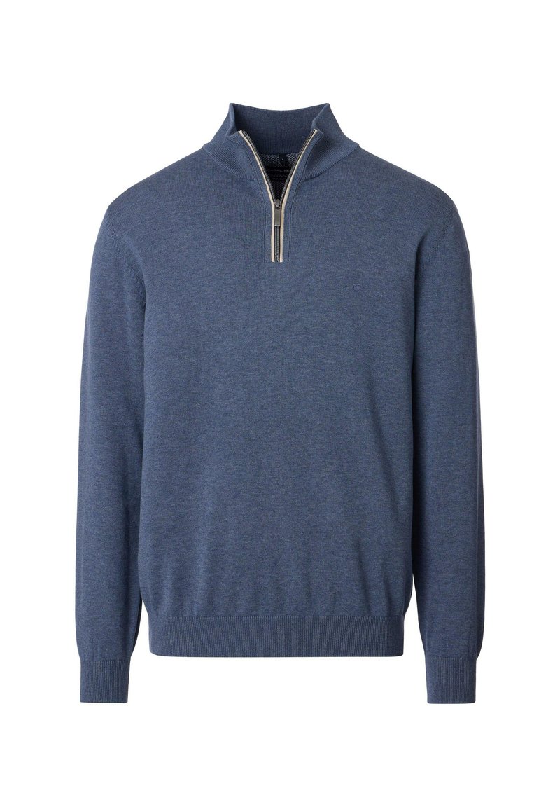 Granatowy sweter z półzamkiem i długim rękawem. Posiada gładką teksturę oraz ściągacze na rękawach i u dołu.