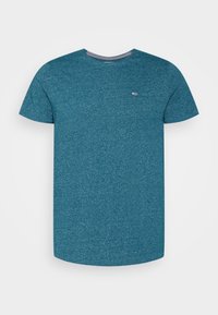 Tyrkysové tričko s krátkým rukávem vyrobené z texturované látky, s kulatým výstřihem a malým logem na hrudi.