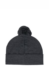 Cappello berretto in maglia grigio scuro con una sommità arrotondata e un soffice pon pon come dettaglio. La texture del tessuto appare morbida ed elastica.