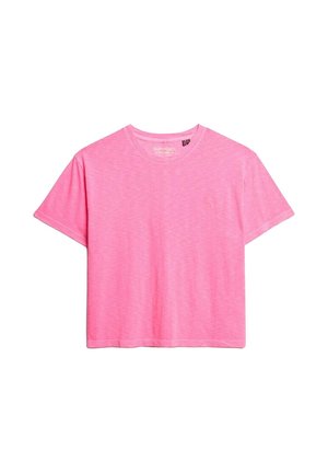 Rosa Baumwoll-T-Shirt, kurze Ärmel, Rundhalsausschnitt, lockere Passform, leichte Melange-Optik, keine sichtbaren Muster oder Akzente.